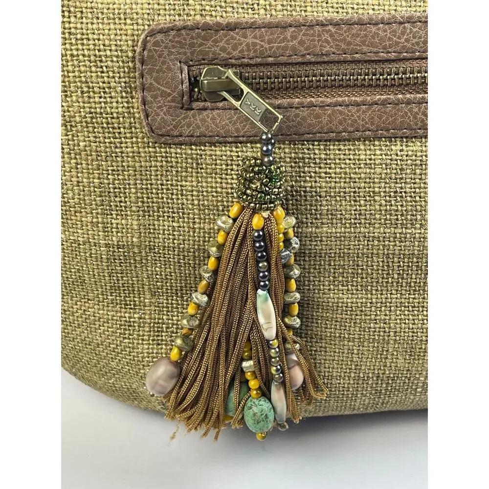 Mary Frances olive green burlap hobo bag floral embellished beaded art to wear